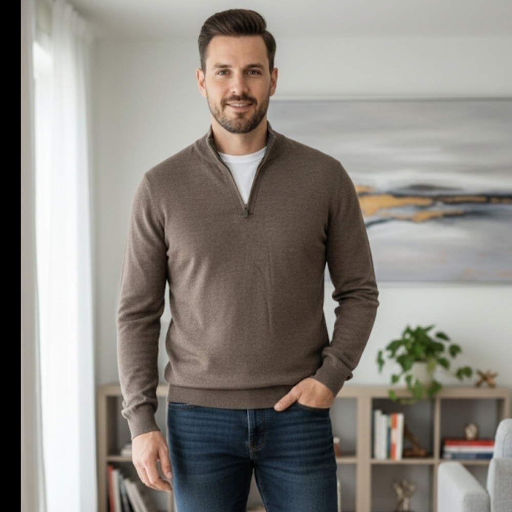 Club Room Men's Brown Soft Merino Wool Half-Zip Sweater Size XL